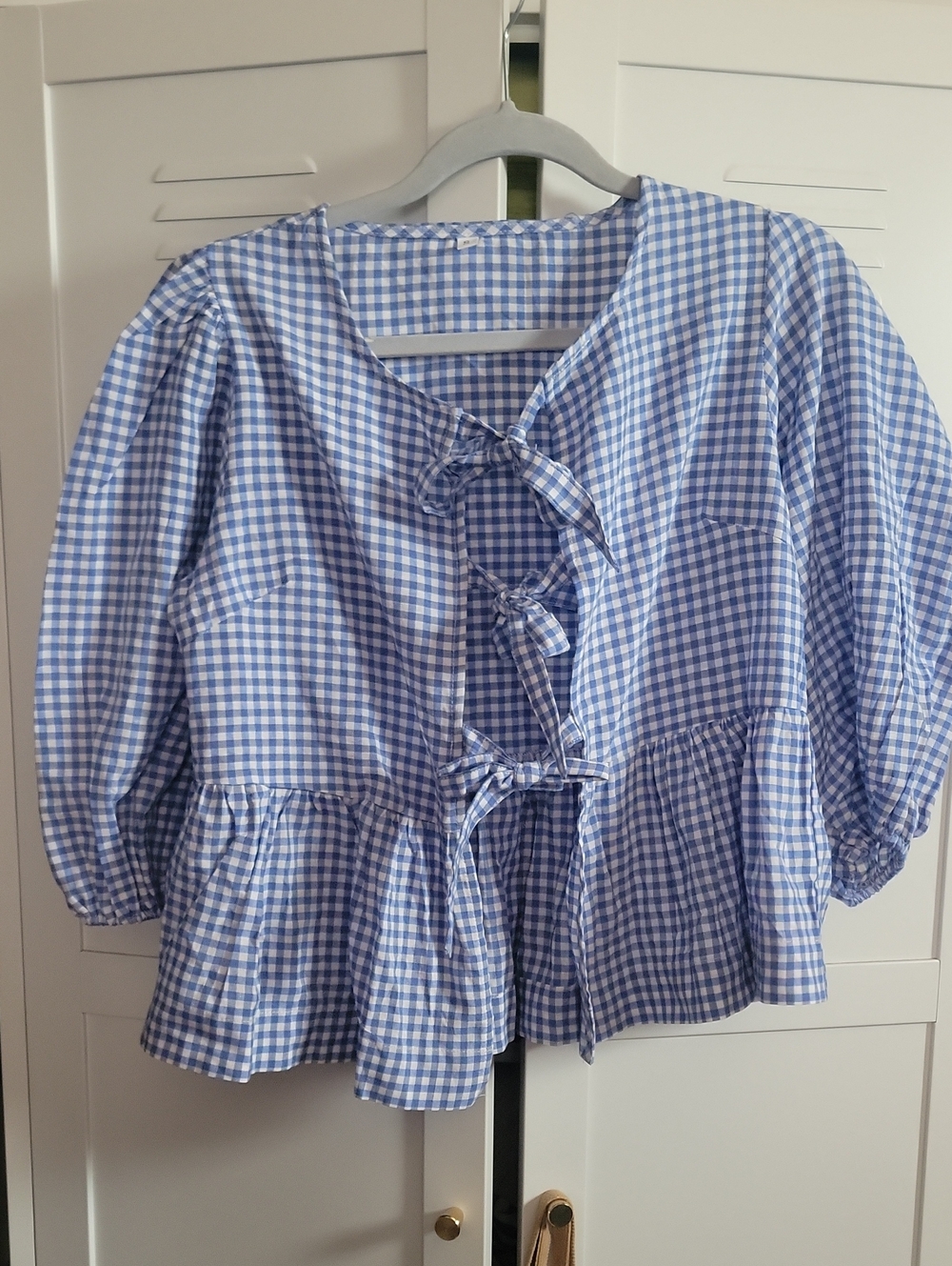 Blue Gingham Tie-Front Peplum Blouse